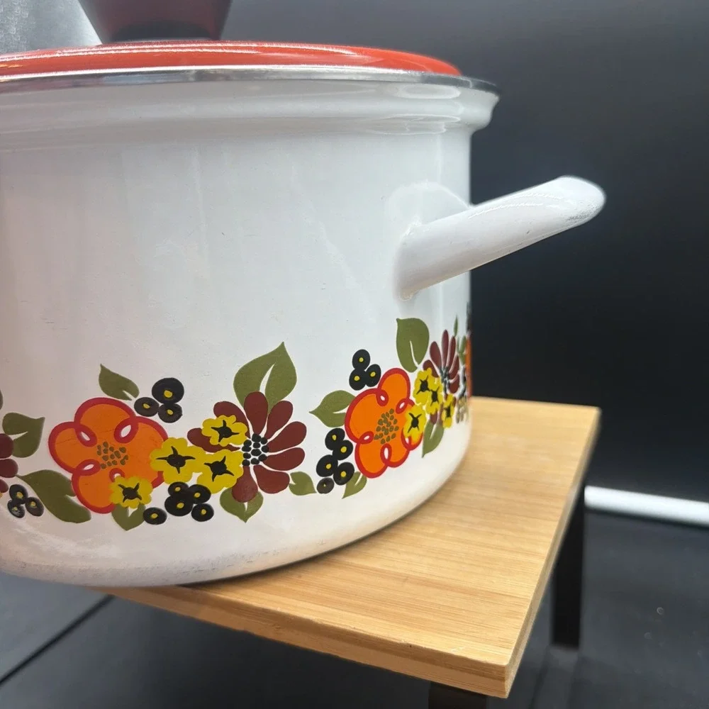 1970s Austria Email Enamel Floral Stock Pot w/Lid Vintage Cookware Retro Cottage